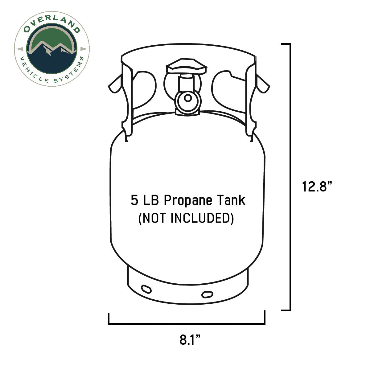 Line drawing of a 5 LB propane tank with dimensions and Overland Vehicle Systems logo.