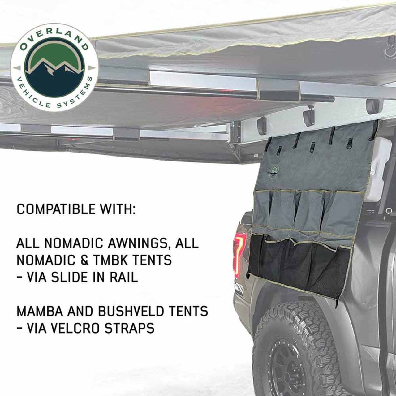 Overland Vehicle Systems tent setup on a vehicle with compatibility text.