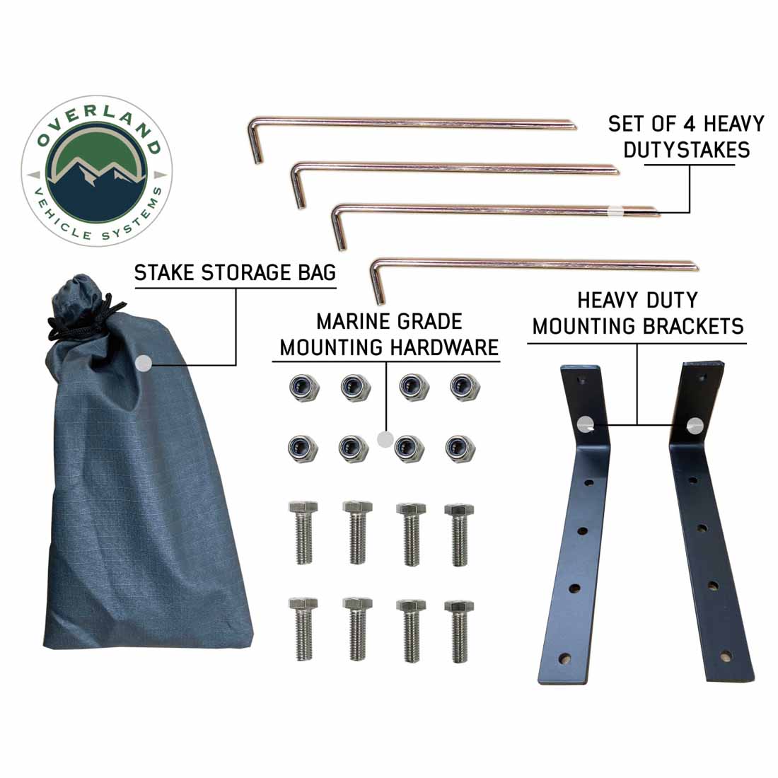 Collection of outdoor equipment including stakes, storage bag, mounting hardware, and brackets with Overland Vehicle Systems branding.