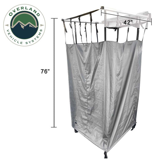 Portable shower with dimensions labeled, featuring Overland Vehicle Systems logo.