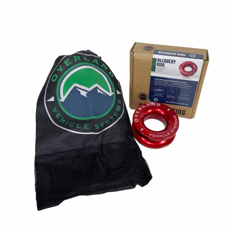 Red recovery ring with black mesh bag and cardboard box featuring Overland Vehicle Systems logo on a white background.