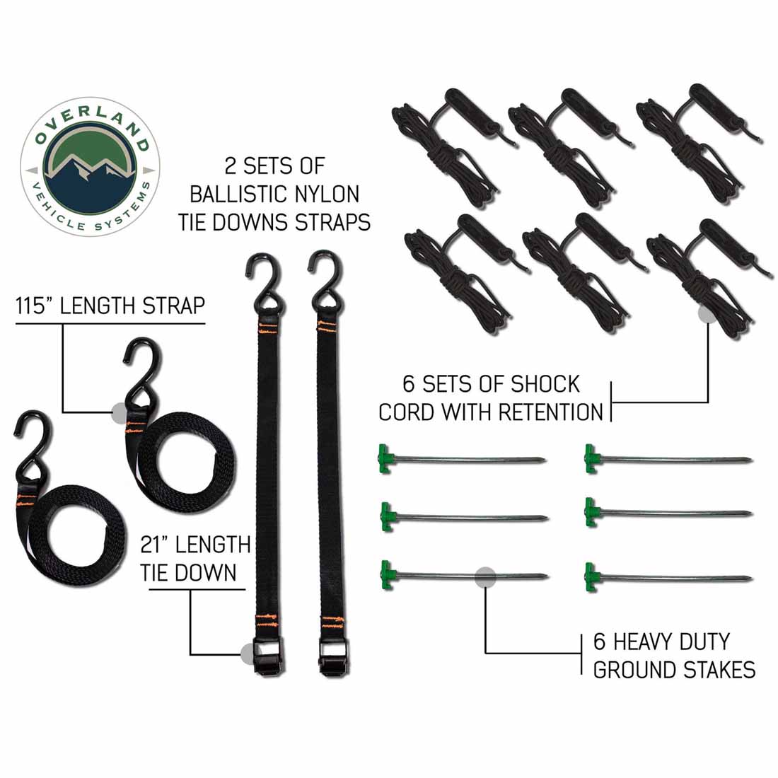Set of Overland Vehicle Systems tie-down straps and ground stakes on a white background