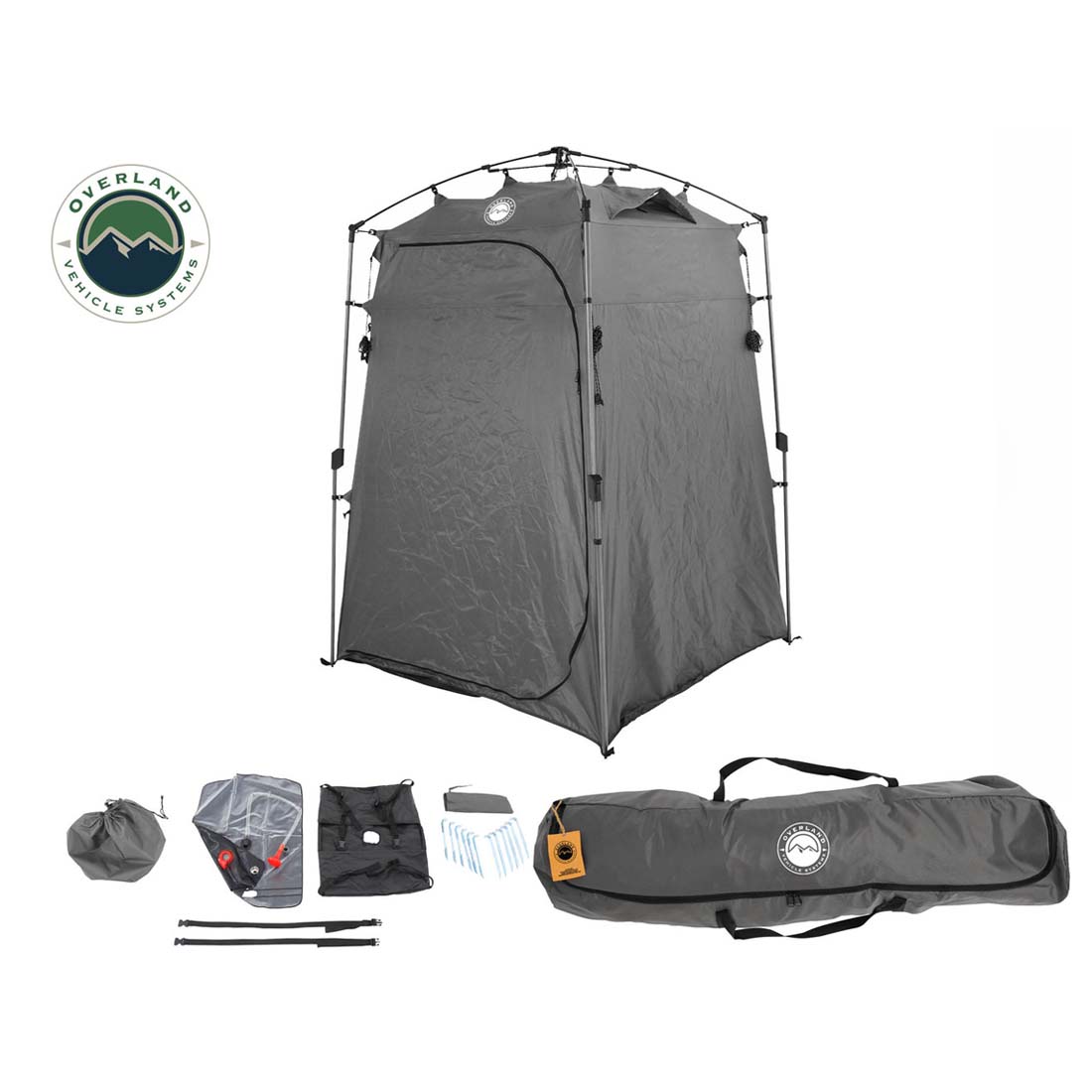 Portable shower tent with accessories on a white background, featuring Overland Vehicle Systems logo.