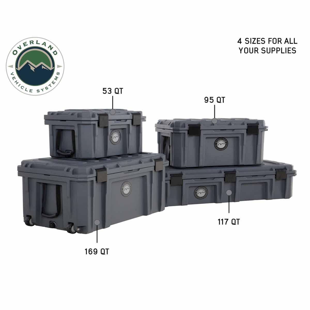 Set of four gray storage boxes with volume labels on a white background, featuring Overland Vehicle Systems logo.