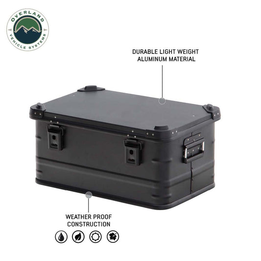 Black storage trunk with durability features labeled on a white background