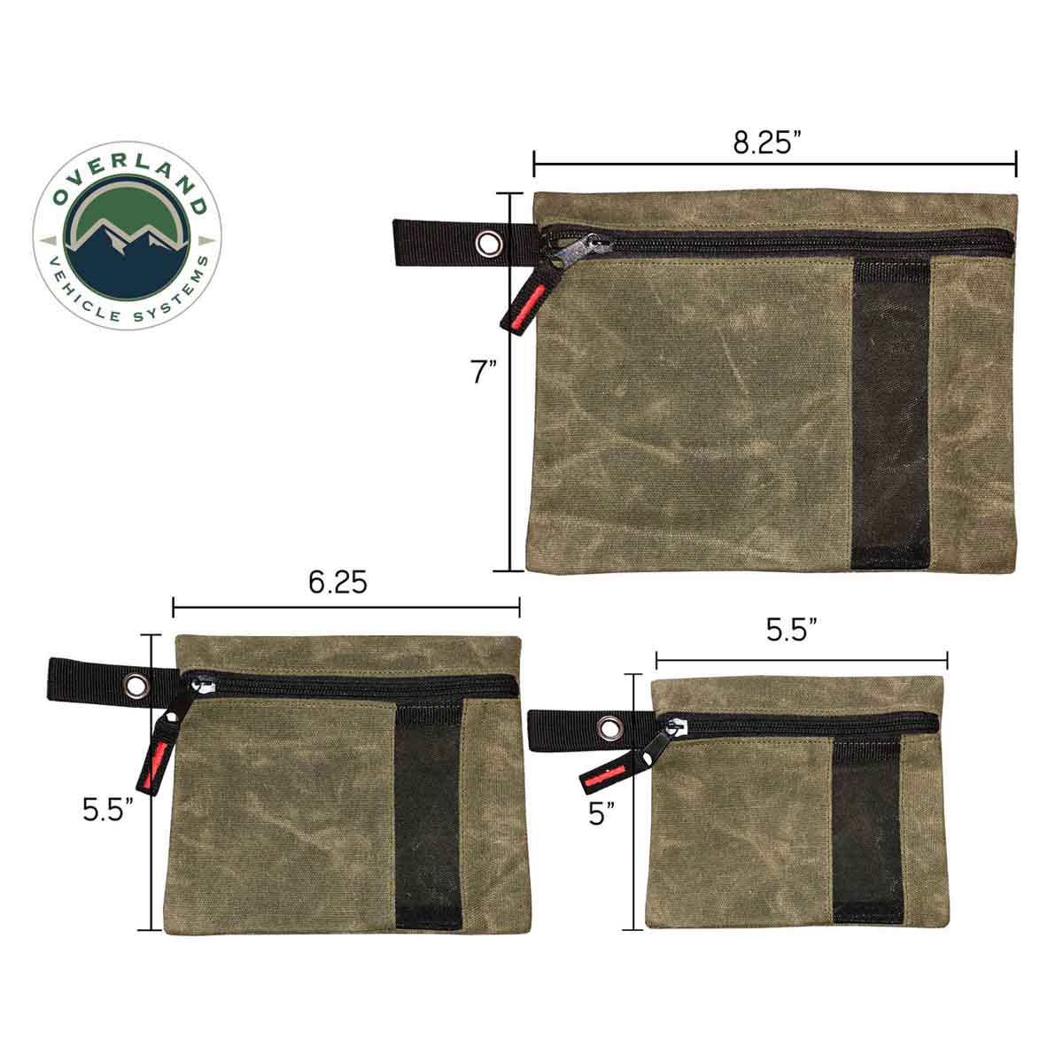 Three green pouches with black zippers and measurements, featuring Overland Vehicle Systems logo.