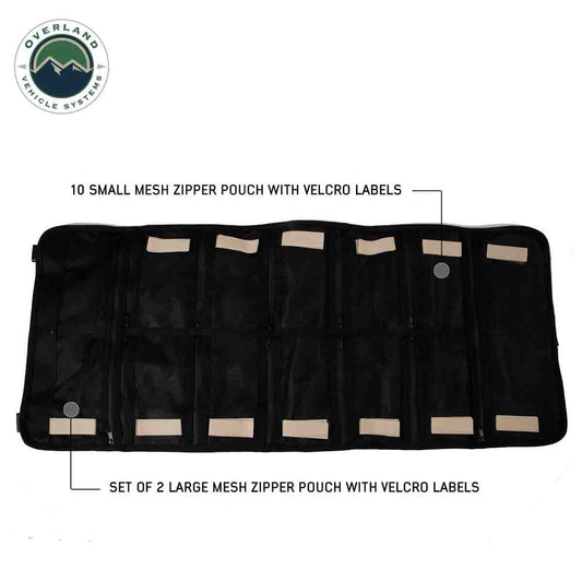Black mesh zipper pouches with Velcro labels on a white background, featuring Overland Vehicle Systems branding.
