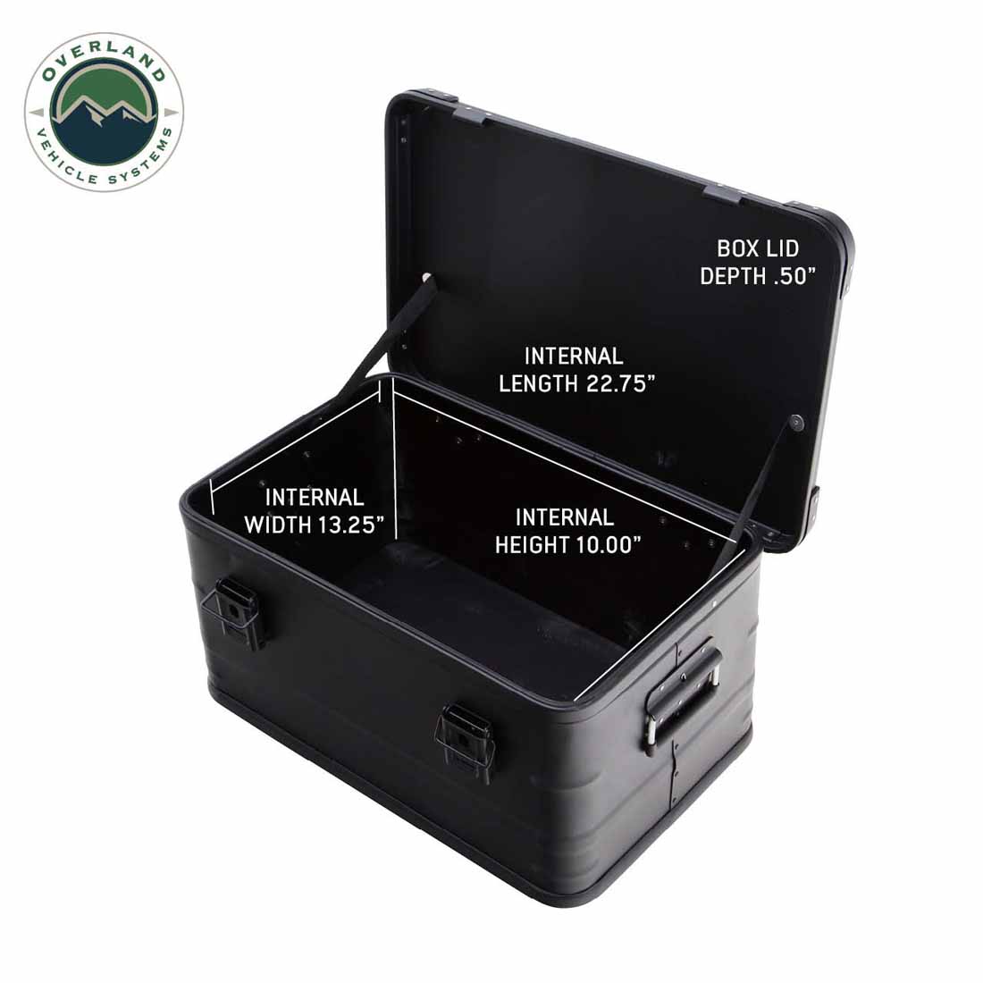 Black storage box with measurements labeled, featuring Overland Vehicle Systems logo.