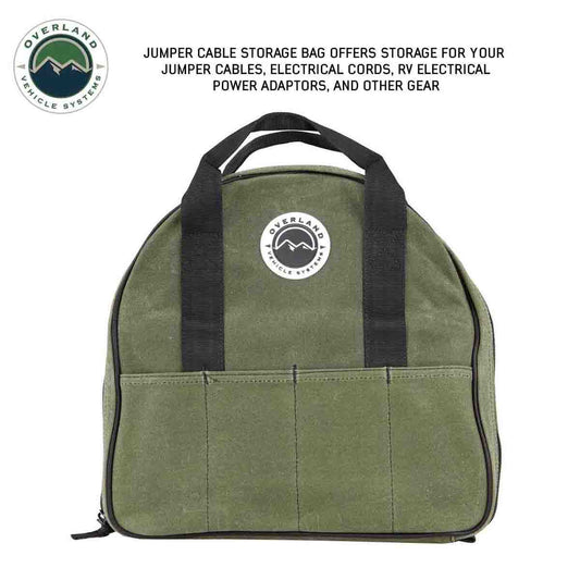 Green jumper cable bag with black handles and Overland Vehicle Systems logo on a white background