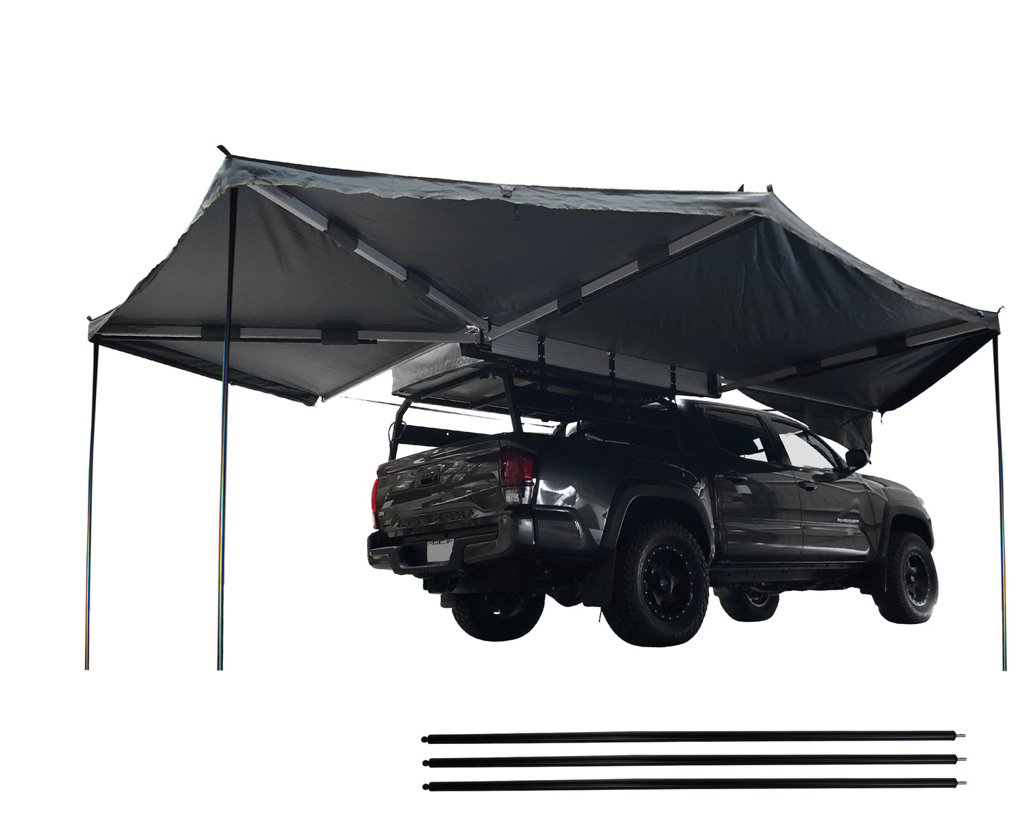 Awning attached to a pickup truck on a white background