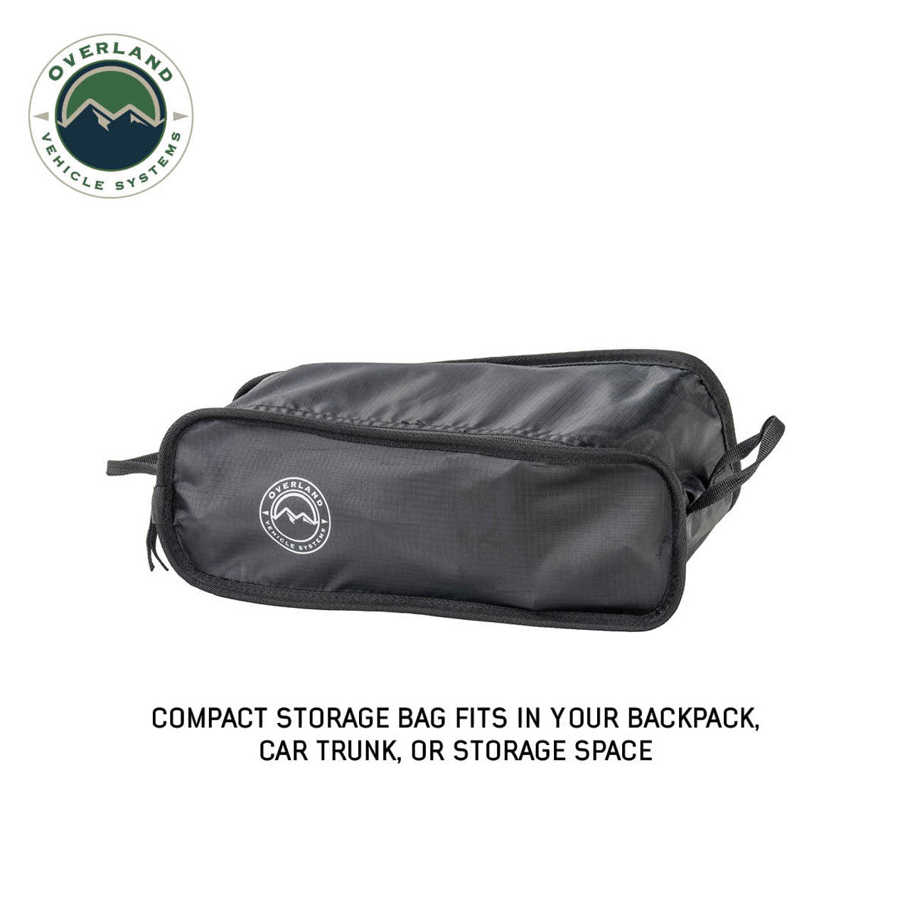 Black compact storage bag with Overland Vehicle Systems logo on a white background