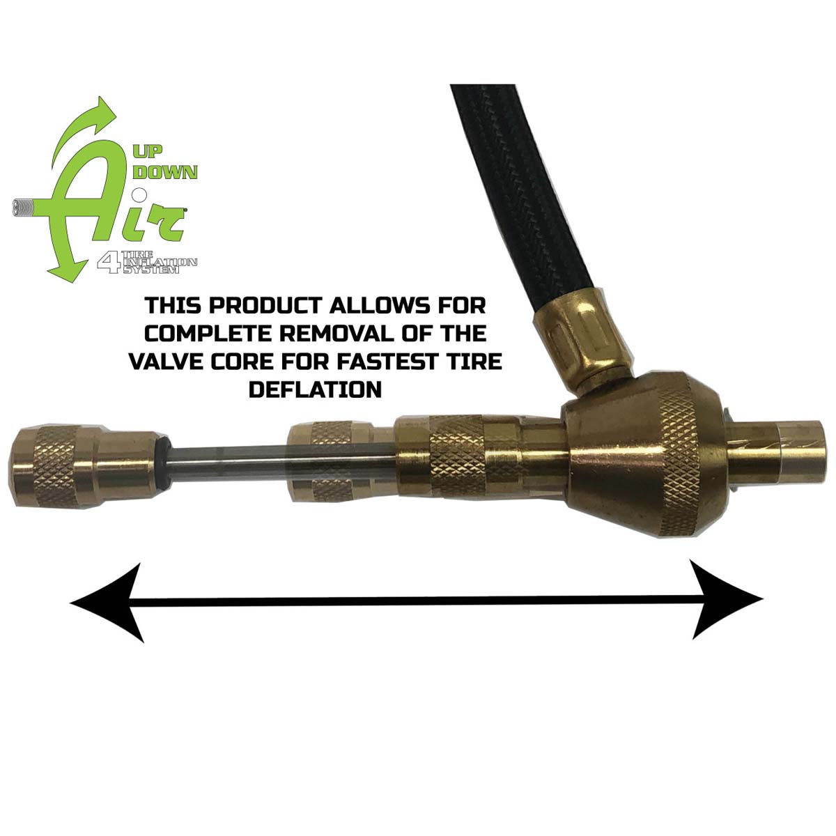 Brass tire inflator tool with text on a white background