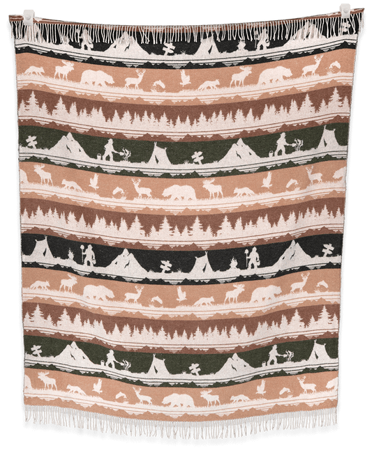 Woven blanket with Native American design featuring animals, tents, and people on a striped background.