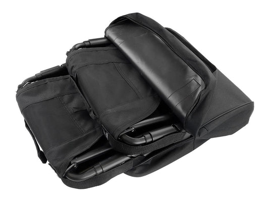 Black bag with multiple compartments on a white background