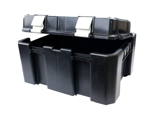 Black toolbox with open lid on a white background