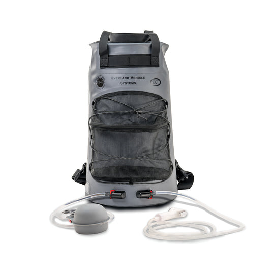 Gray portable shower with hose attachment on a white background