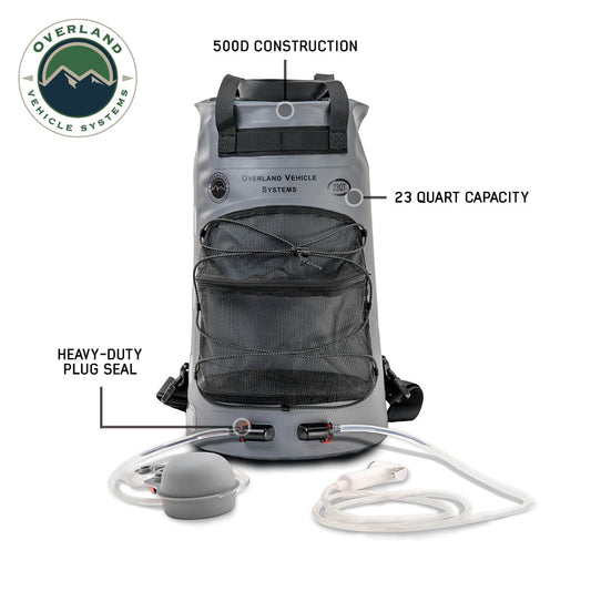 Gray portable shower with features labeled on a white background, featuring Overland Vehicle Systems branding.