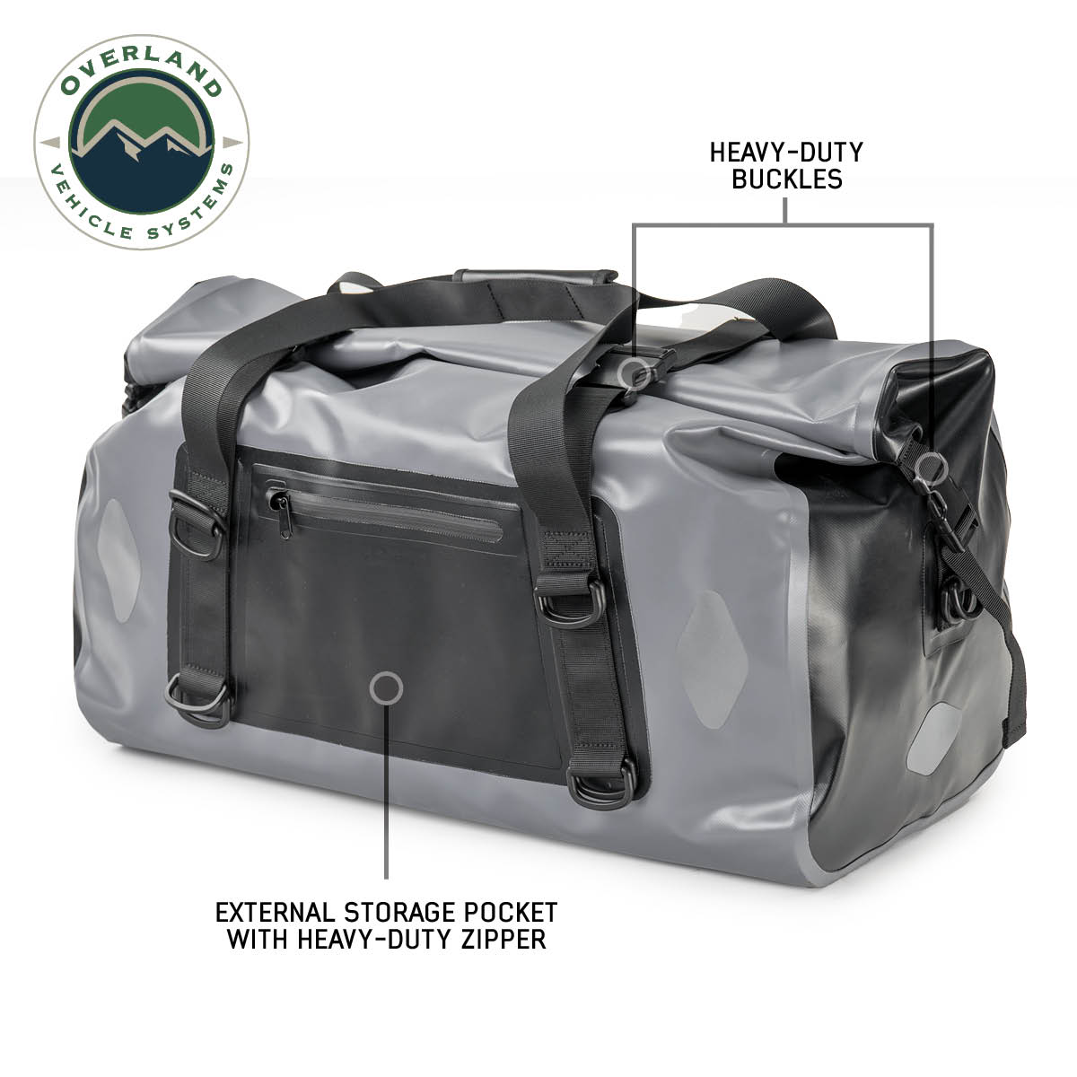 Gray dry bag with features labeled on a white background, featuring Overland Vehicle Systems logo.