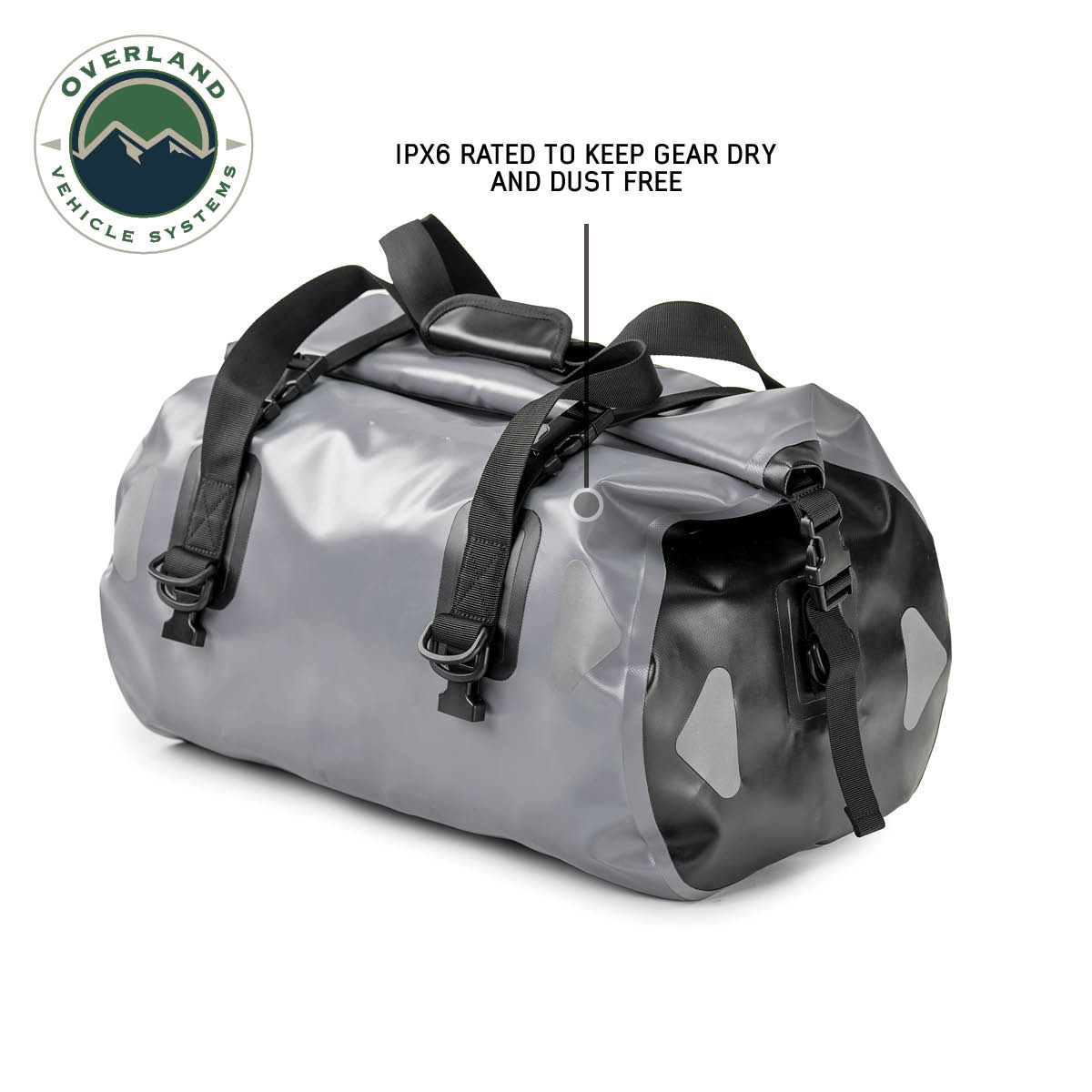Gray bag with black straps on a white background, featuring Overland Vehicle Systems logo.