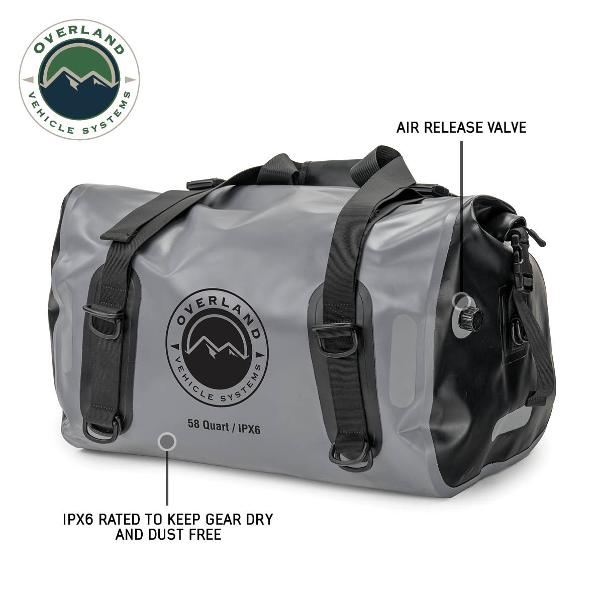 Gray dry  bag with black straps and Overland Vehicle Systems logo, featuring text about features and ratings.