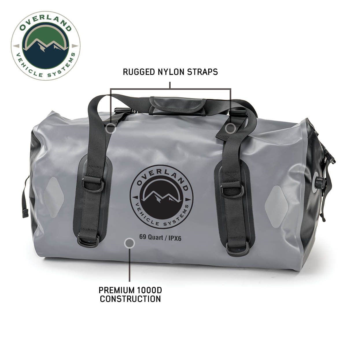 Gray dry bag with black straps and Overland Vehicle Systems branding on a white background.