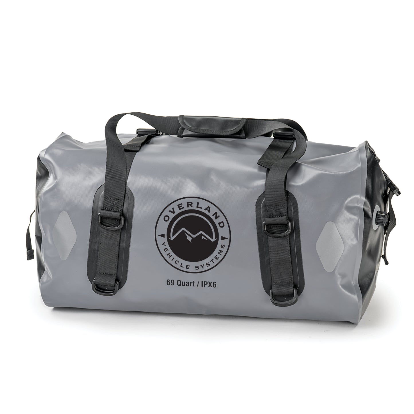 Gray dry bag with black straps and 'Overland Vehicle Systems' logo on a white background