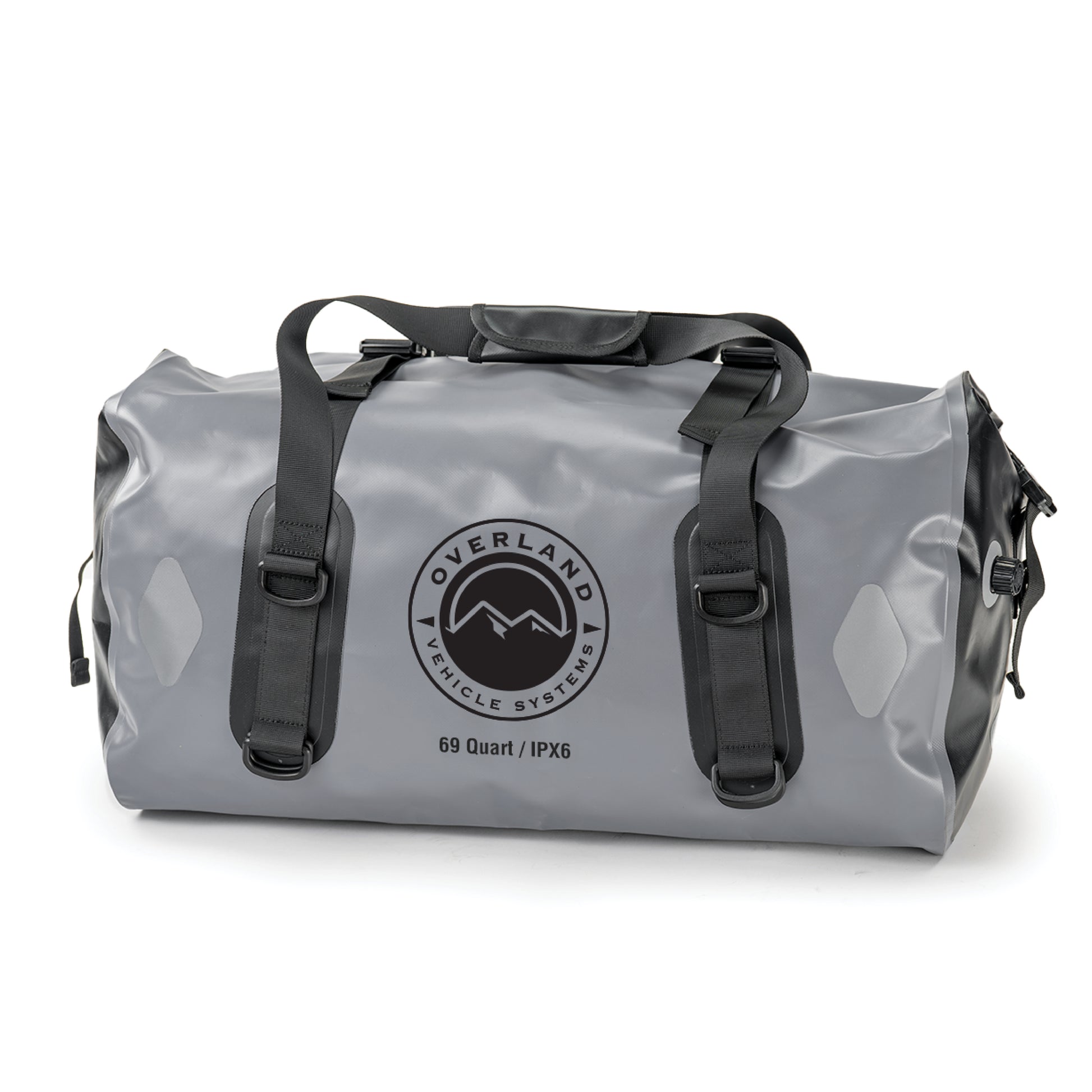 Gray dry bag with black straps and 'Overland Vehicle Systems' logo on a white background