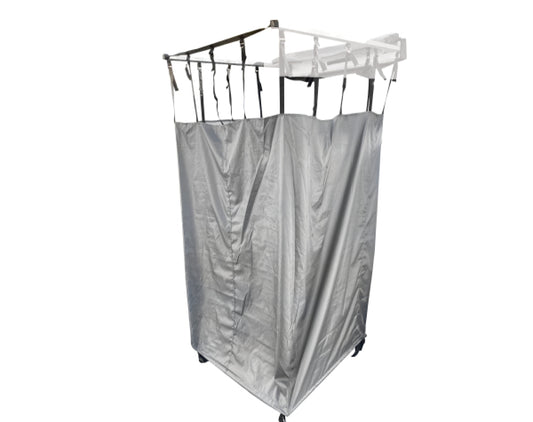 Gray shower with a transparent plastic bag on a white background