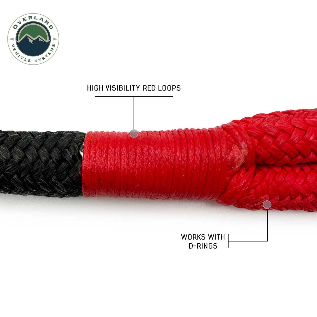 Red and black rope with text indicating high visibility red loops and compatibility with D-rings, branded as Overland Vehicle Systems.