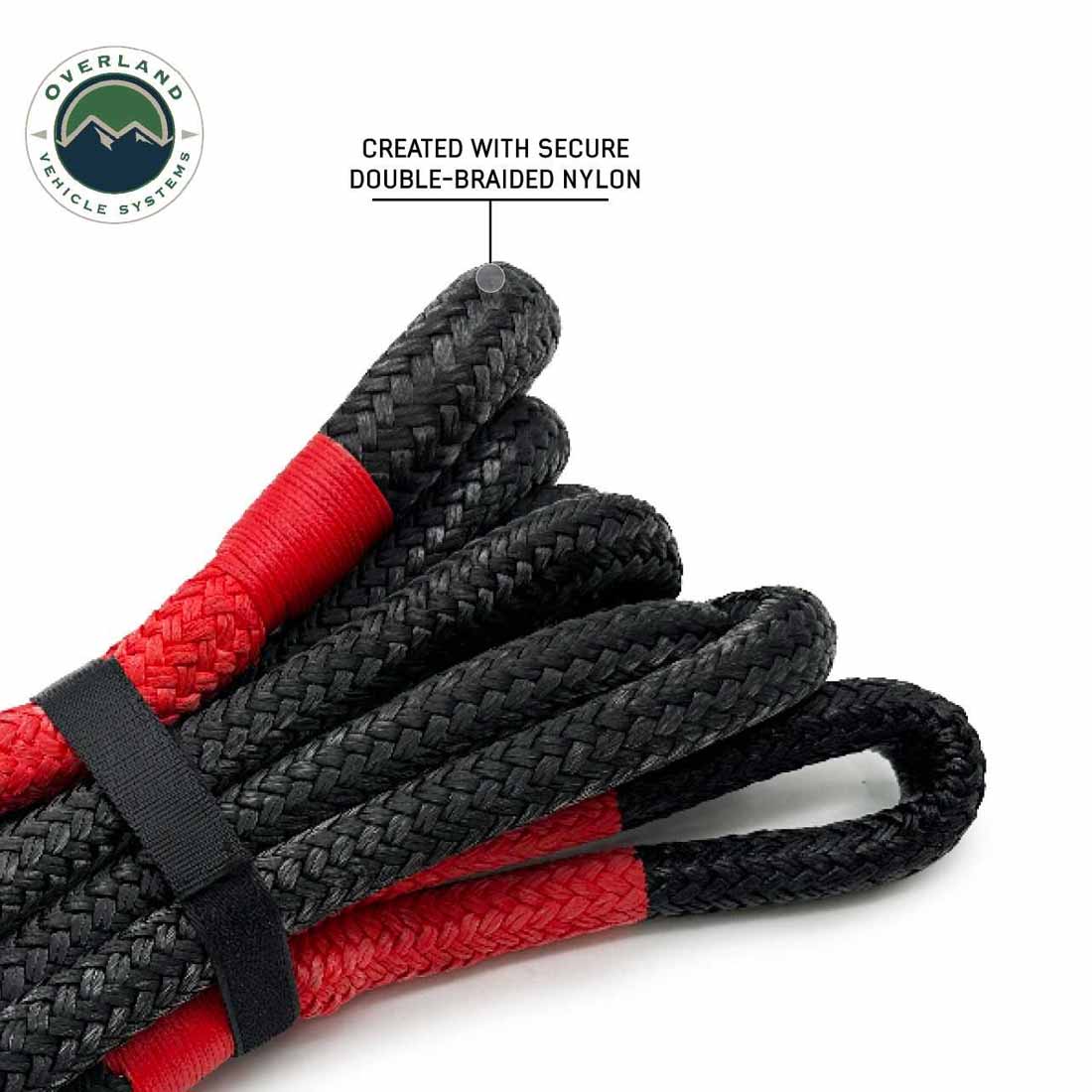 Black and red double-braided nylon rope with Overland Vehicle Systems logo and text on a white background