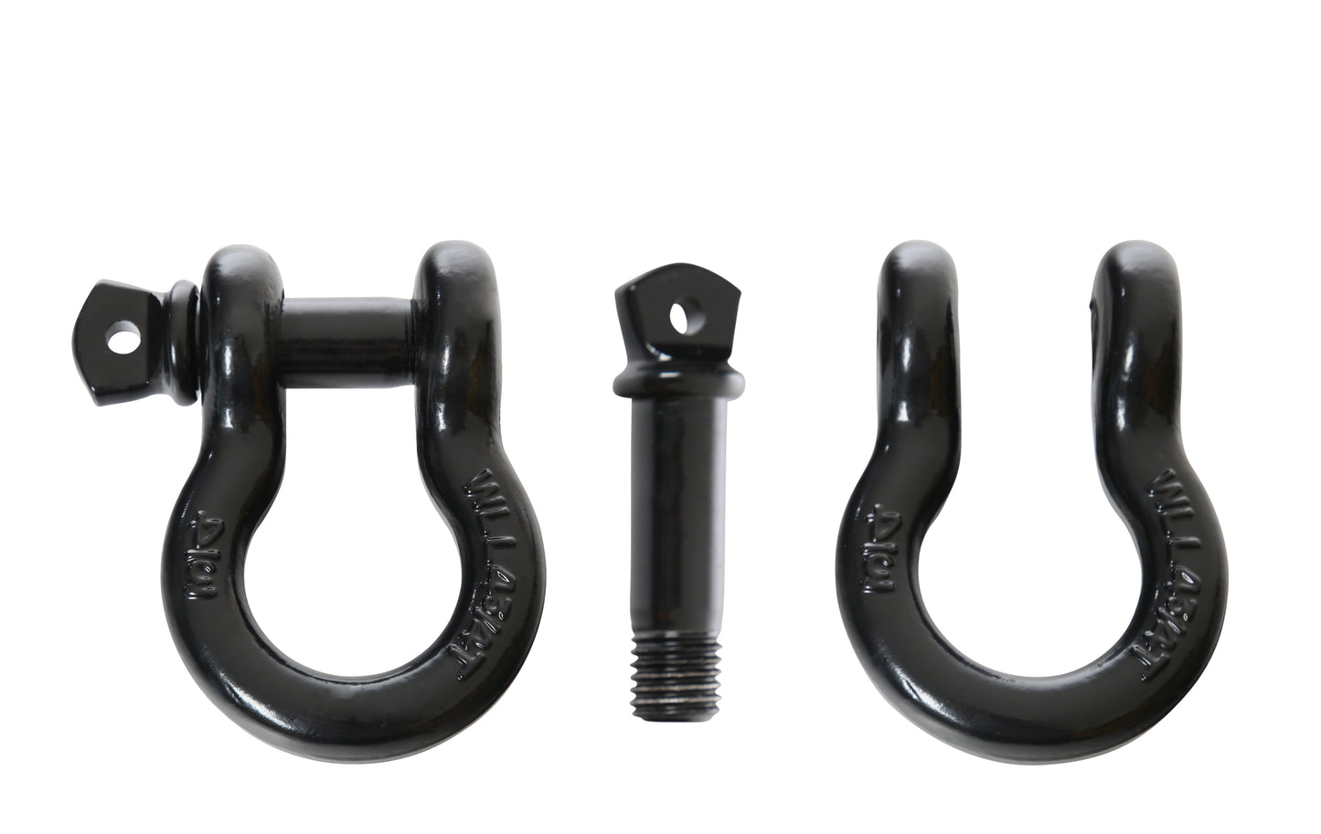 Set of black metal shackles and a bolt on a white background