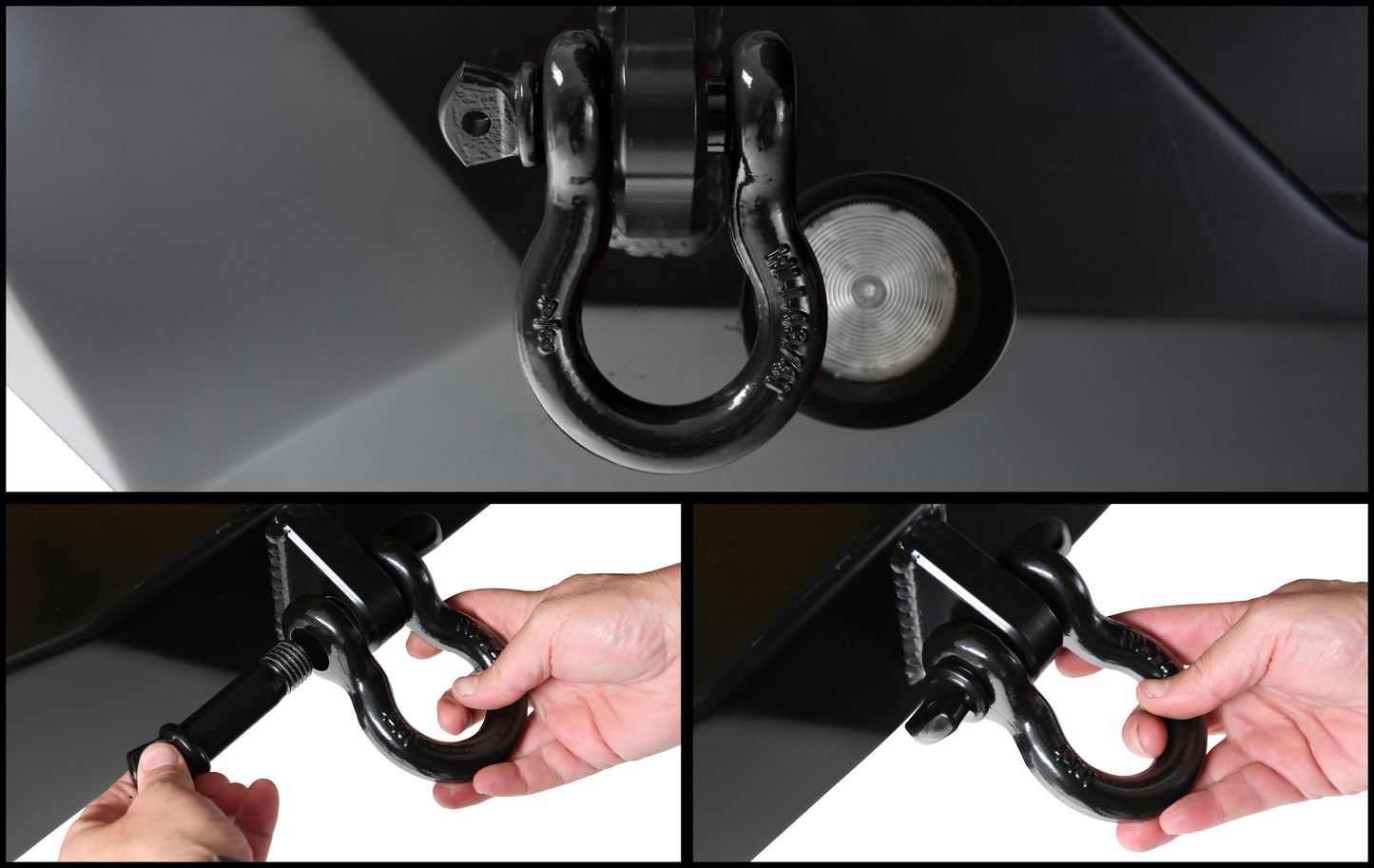 Close-up of a black shackle attached to a vehicle, with additional images showing hands interacting with the shackle.