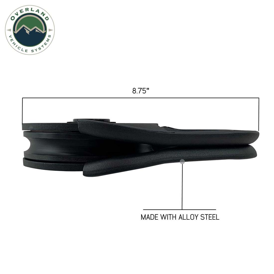Black metal component with dimensions and 'Overland Vehicle Systems' logo on a white background