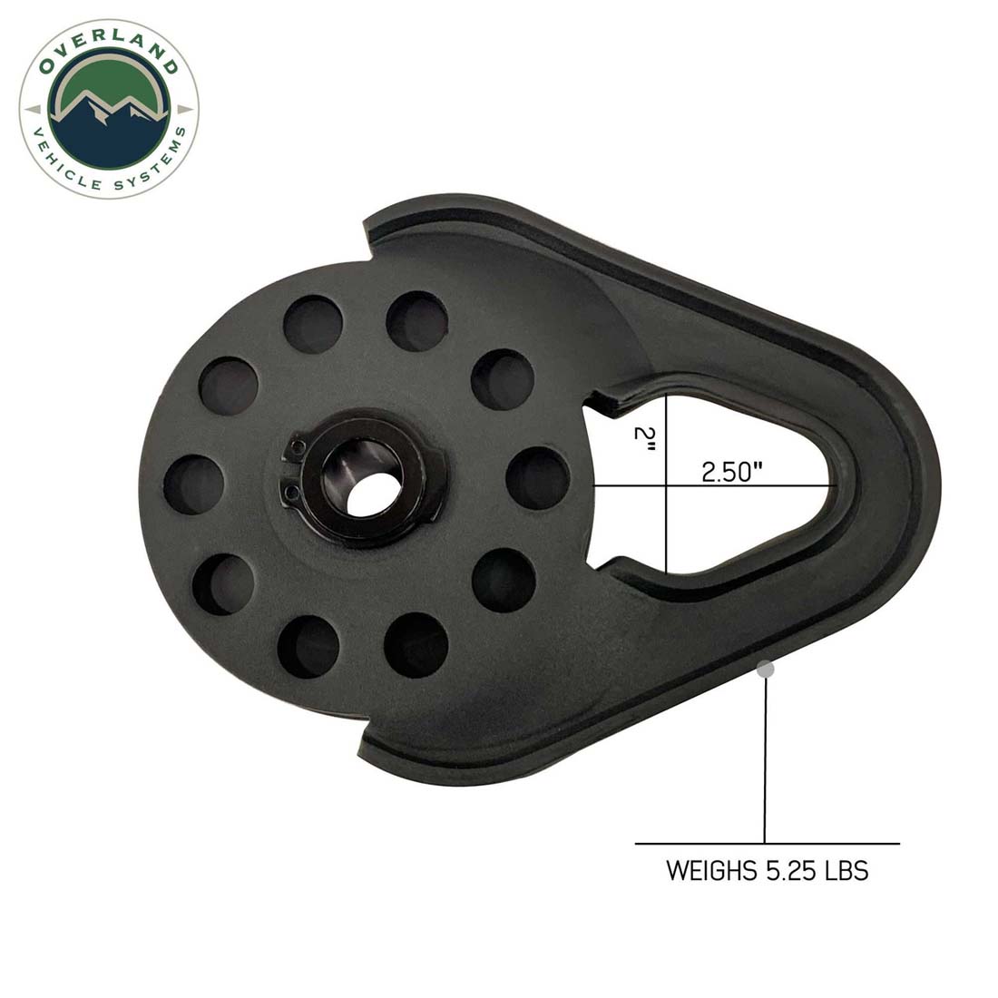 Black mechanical component with measurement details on a white background, featuring Overland Vehicle Systems logo.