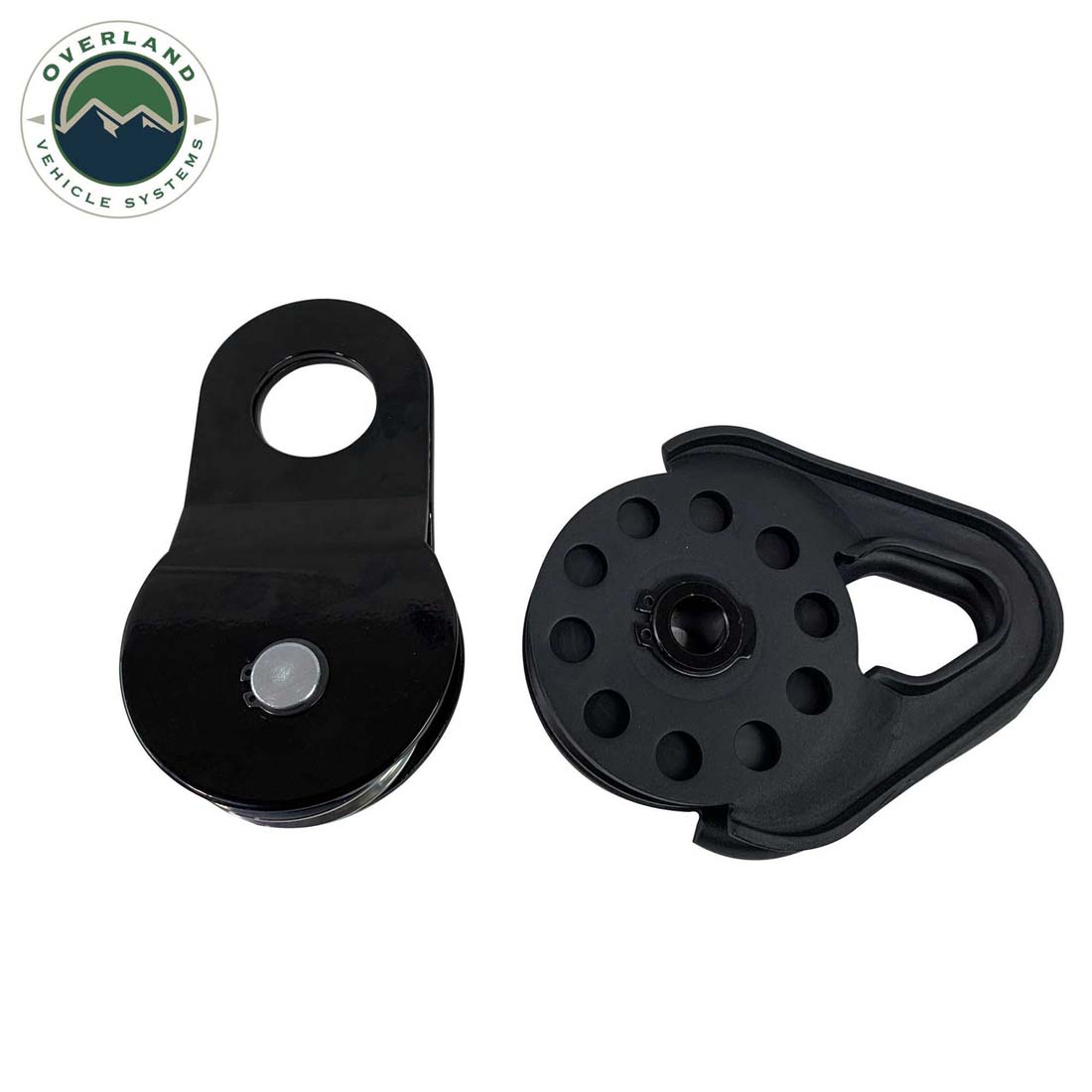Two black pulley systems on a white background with Overland Vehicle Systems logo.