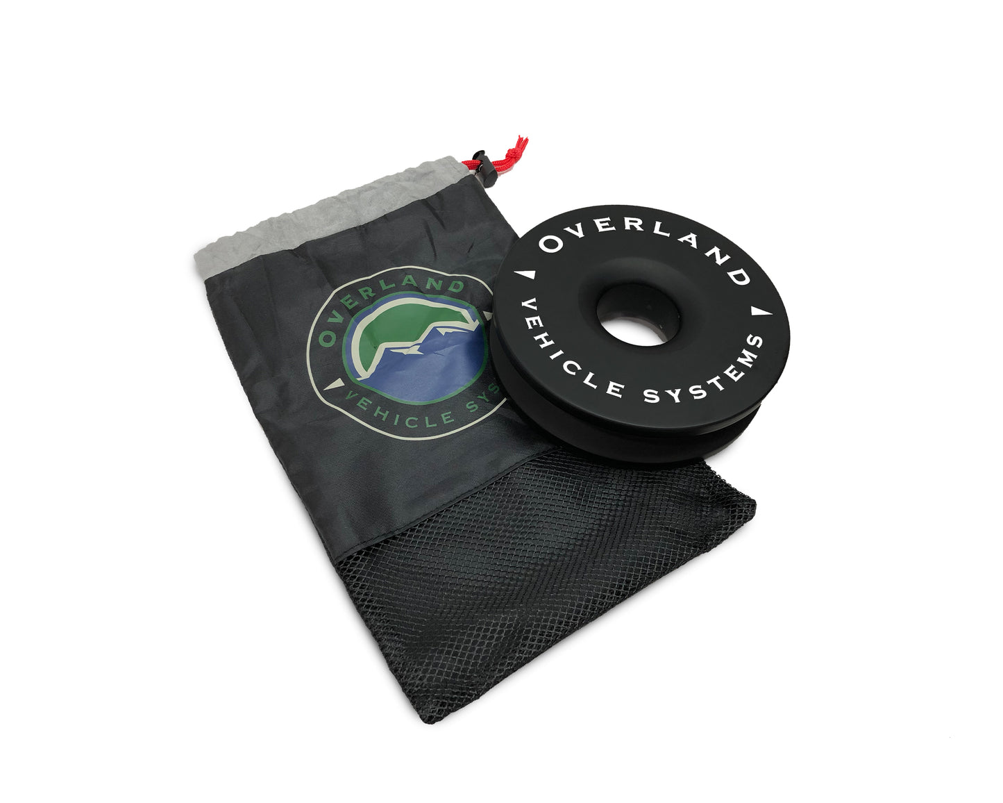 Black recovery ring with  bag and Overland Vehicle Systems logo on a white background