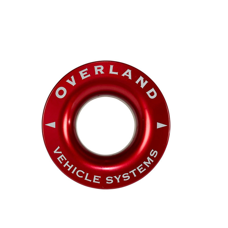 Red metal recovery ring with 'Overland Vehicle Systems' text on a white background