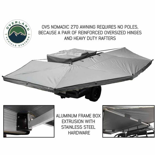 Gray overland awning with text about OVS Nomadic 270 awning features on a white background.