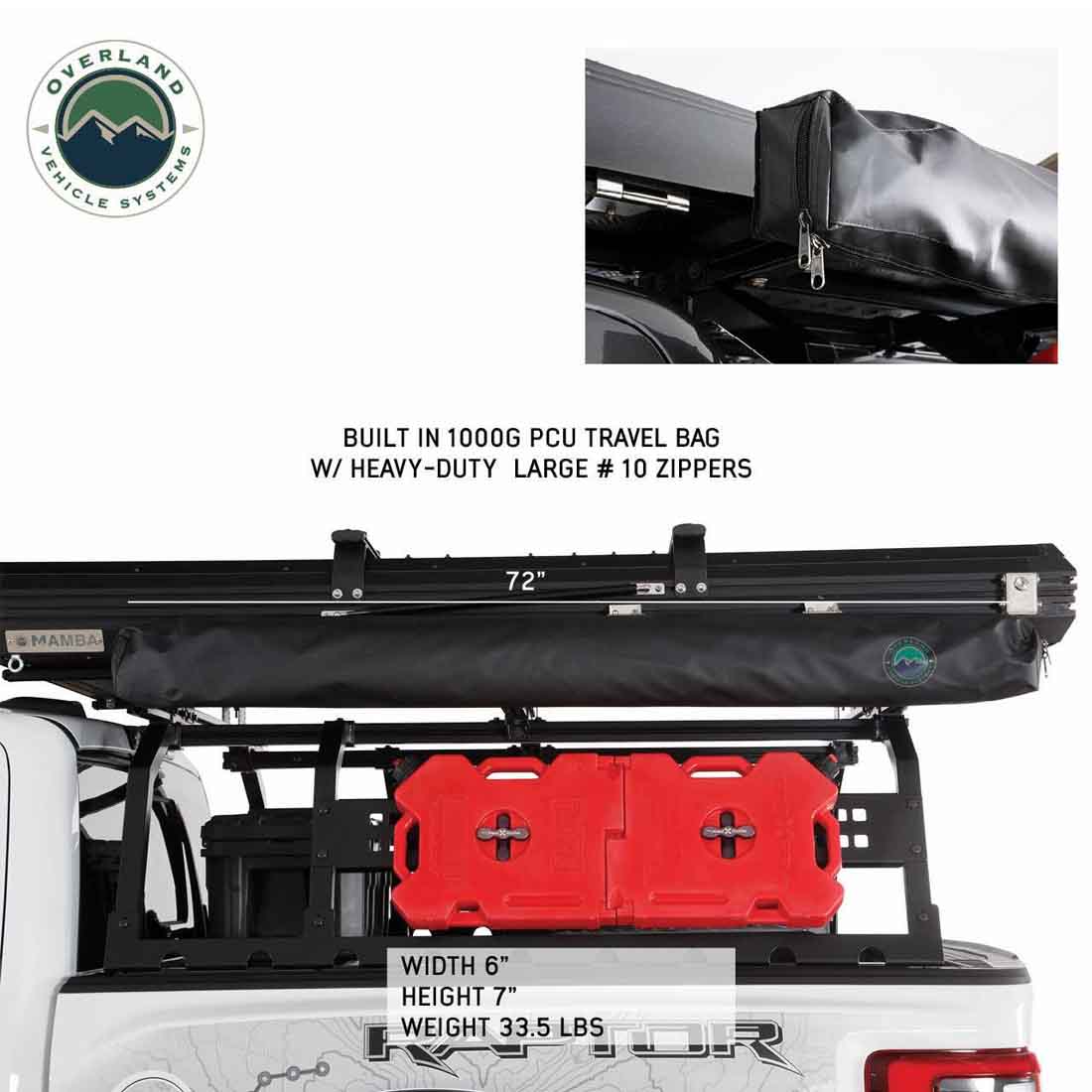 Awning in travel bag  and Overland Vehicle Systems logo on a white background
