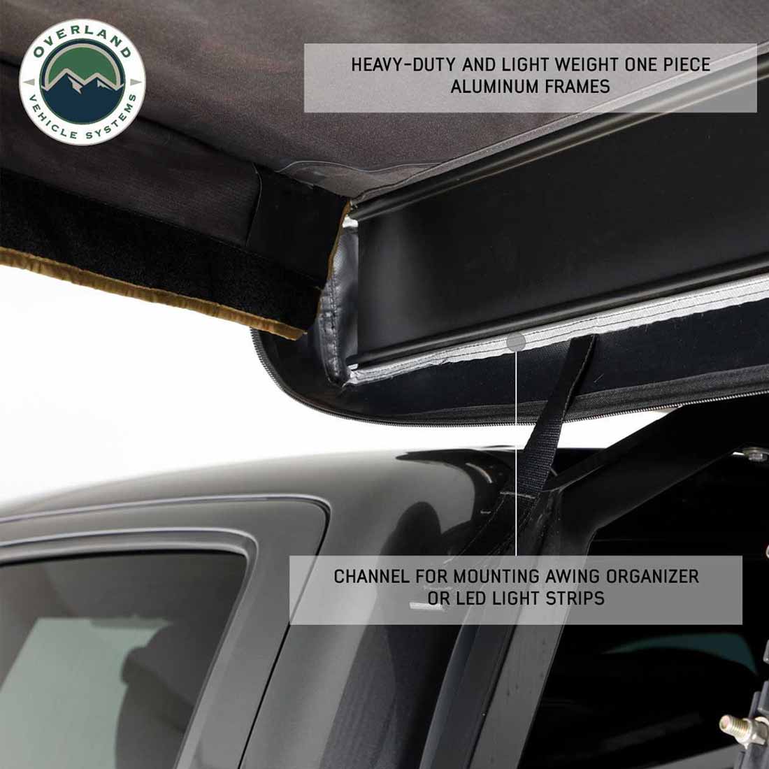 Awning with mounting options for awning organizer or LED light strips, featuring Overland Vehicle Systems logo.