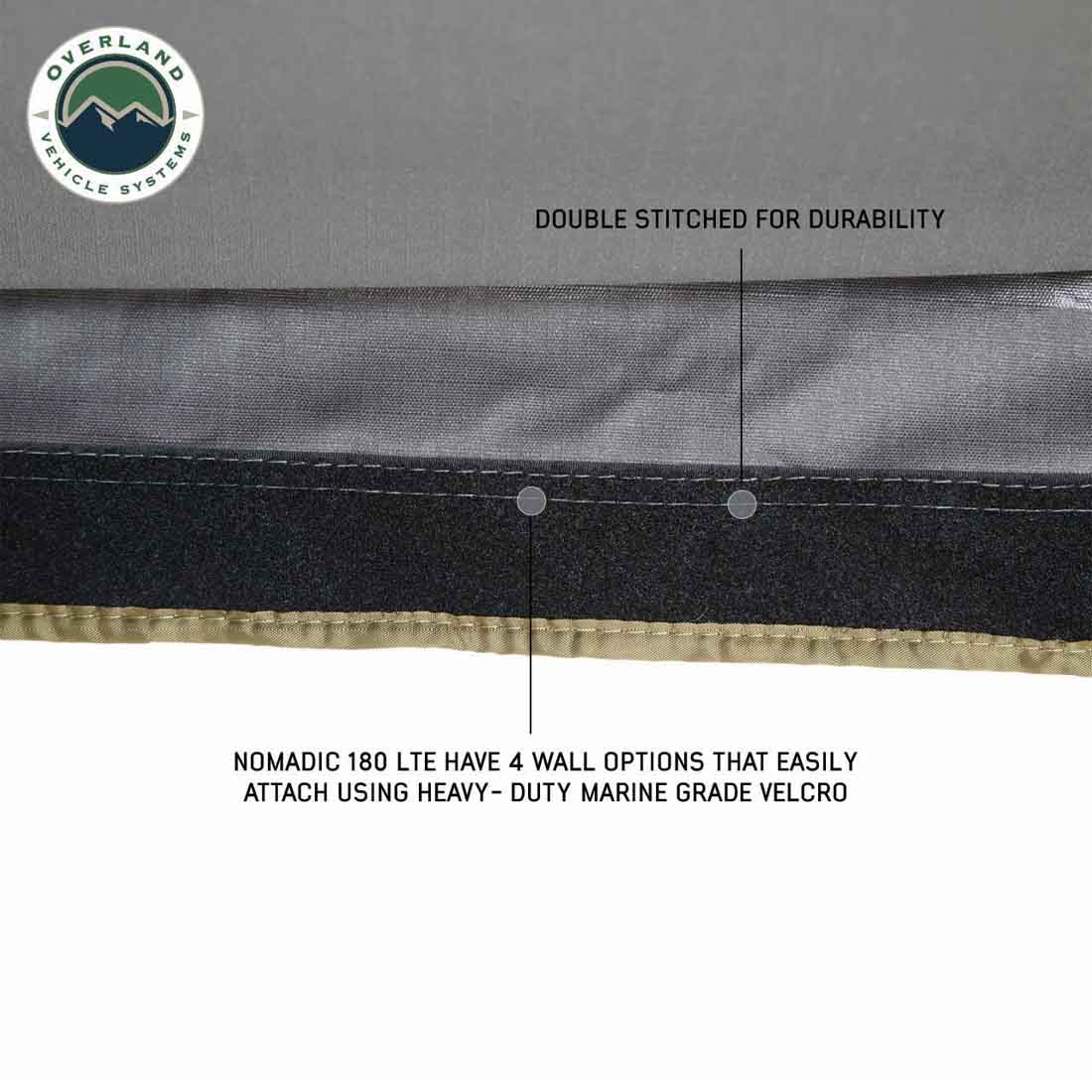 Close-up of a product with stitching details and text about durability and wall options.