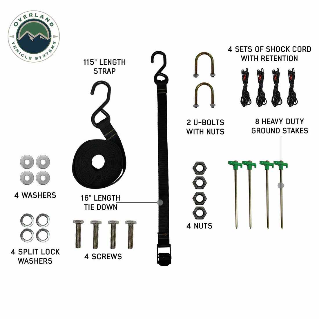 Collection of awning  equipment components with Overland Vehicle Systems logo on a white background