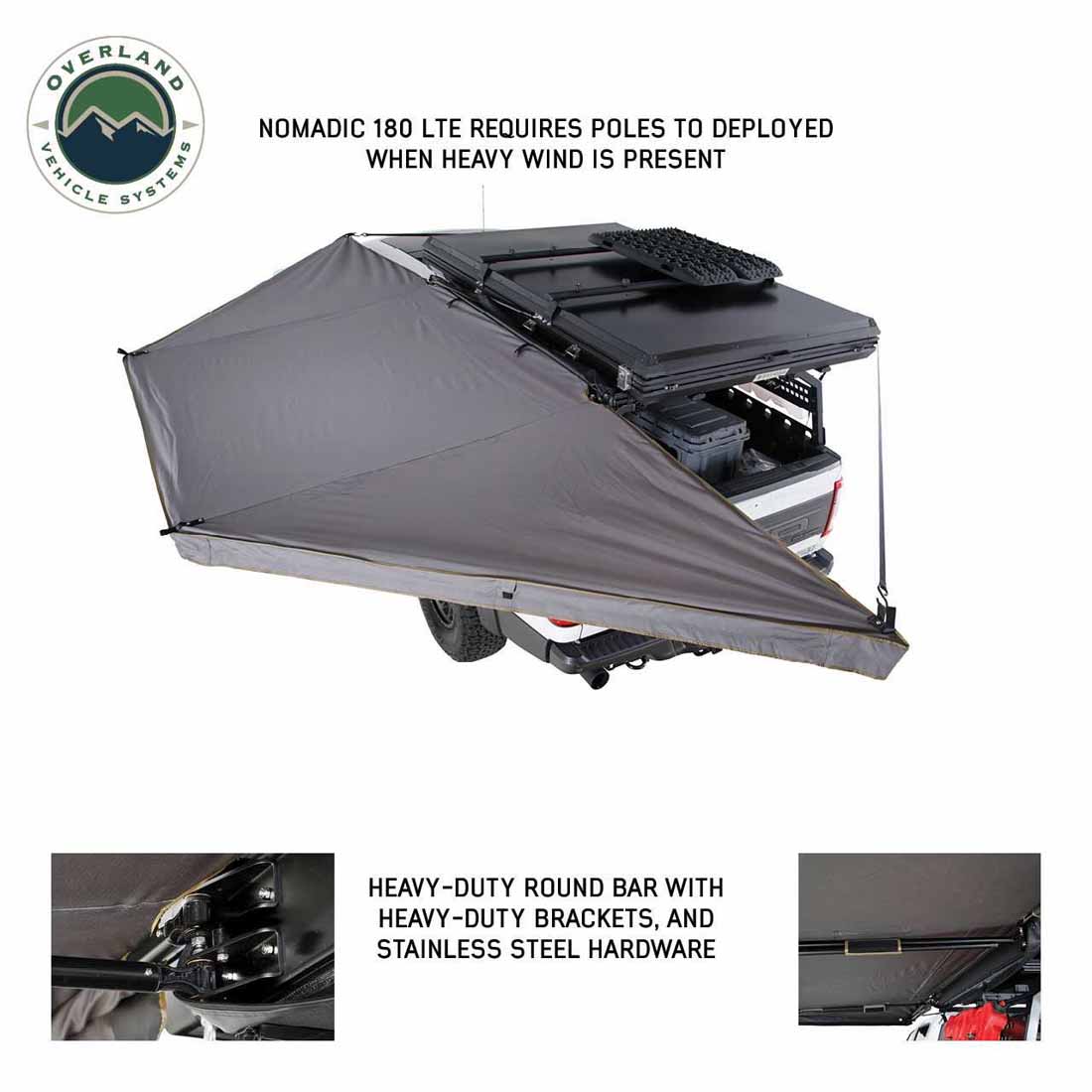Overland Vehicle Systems Nomadic 180 LTE roof top tent with deployment instructions and hardware details.