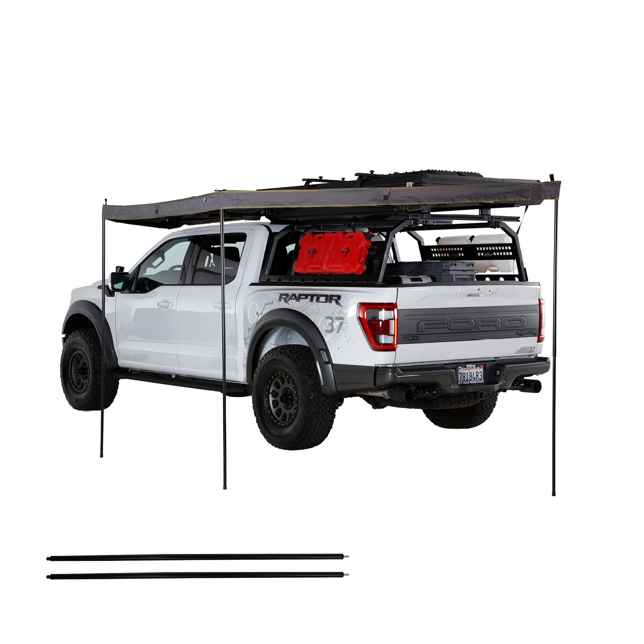 White Ford Raptor truck with a roof rack and awning on a white background