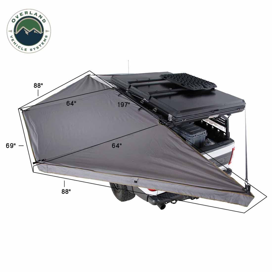 Measurements of an awning  with Overland Vehicle Systems logo.