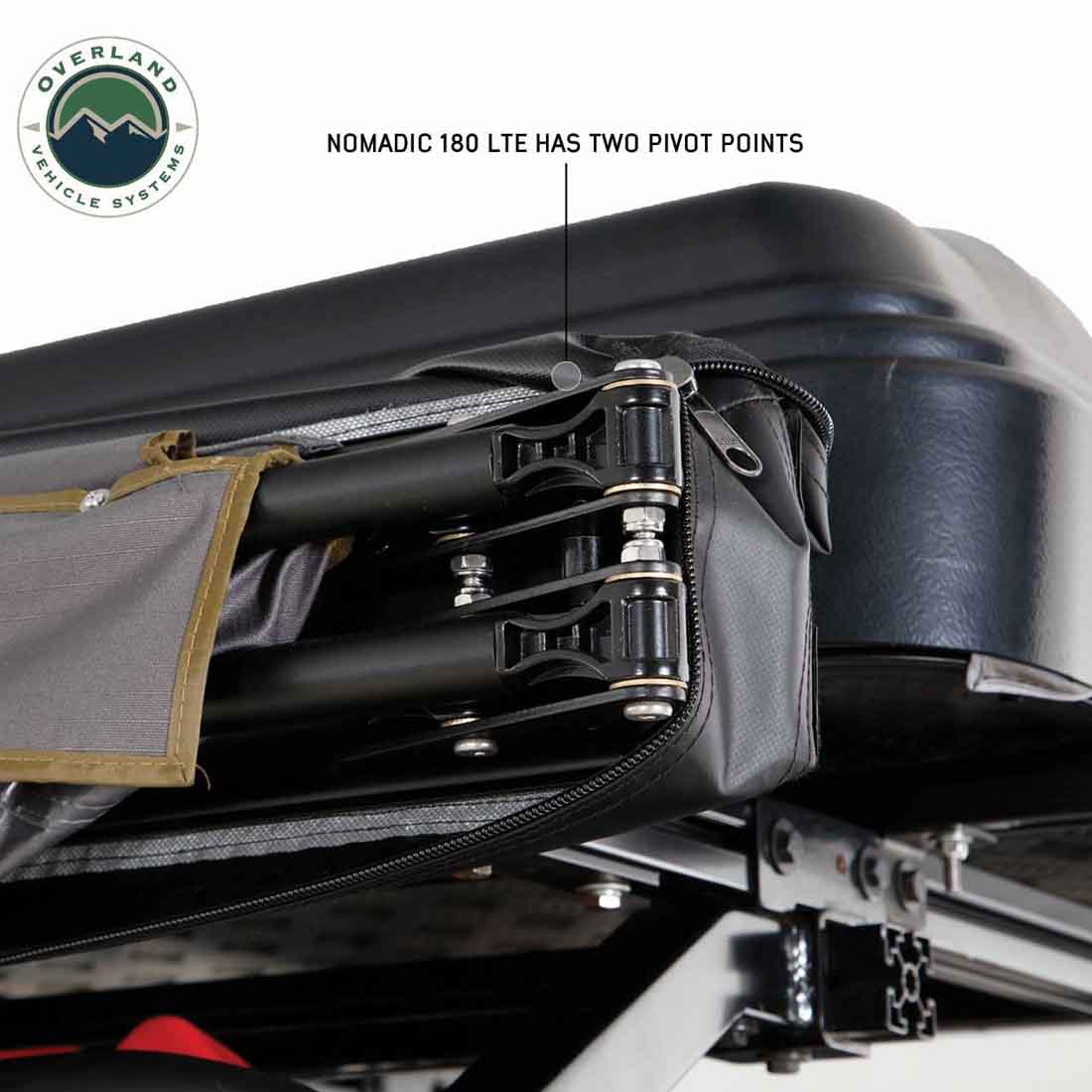 Close-up of awning rack system with 'Overland Vehicle Systems' logo and text indicating pivot points.