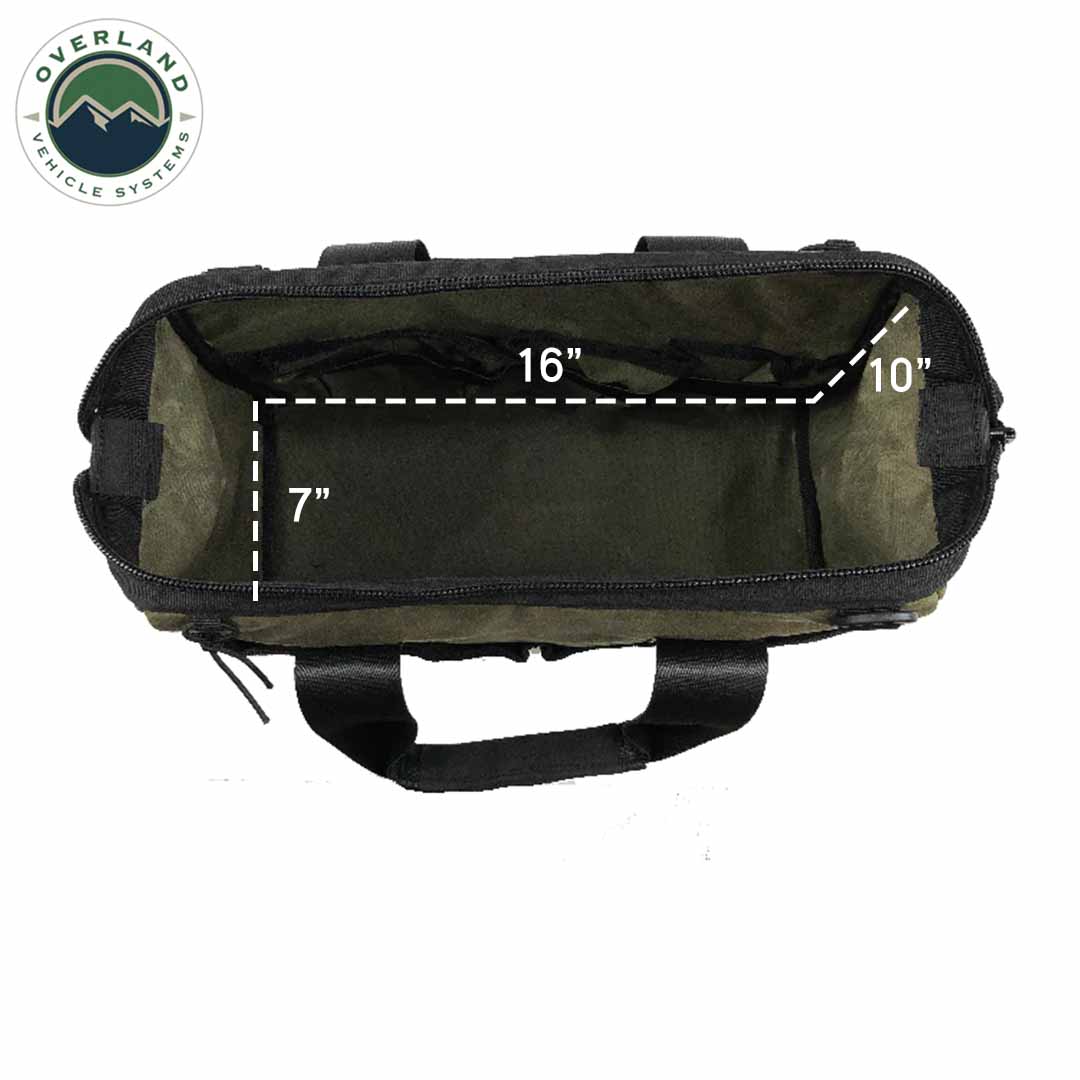 Green tool bag with measurements on a white background, featuring the Overland Vehicle Systems logo.