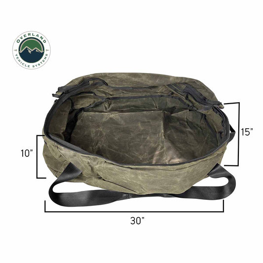 Green duffel bag with measurements on a white background, featuring Overland Vehicle Systems logo.