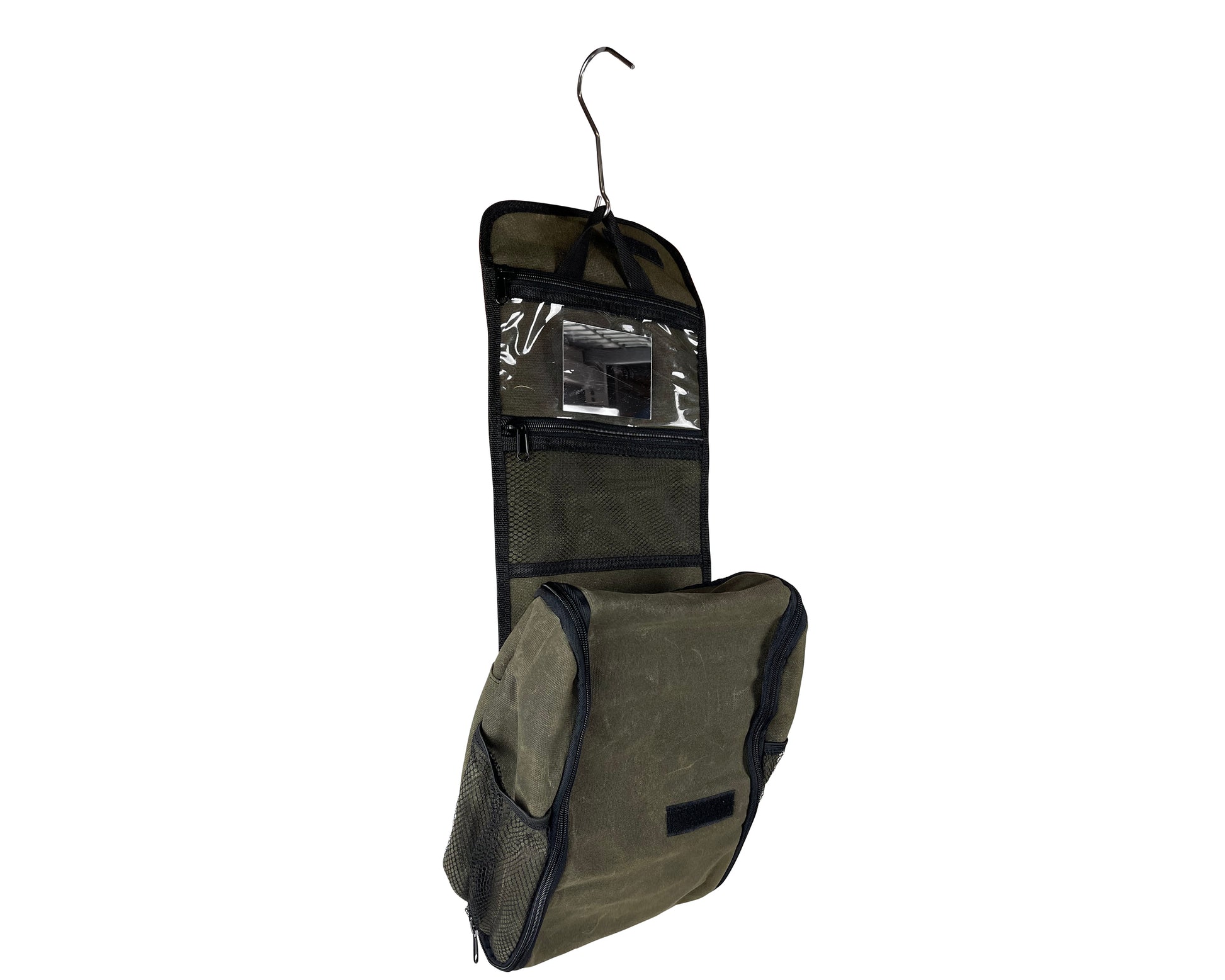 Green hanging toiletry bag with clear window on a white background