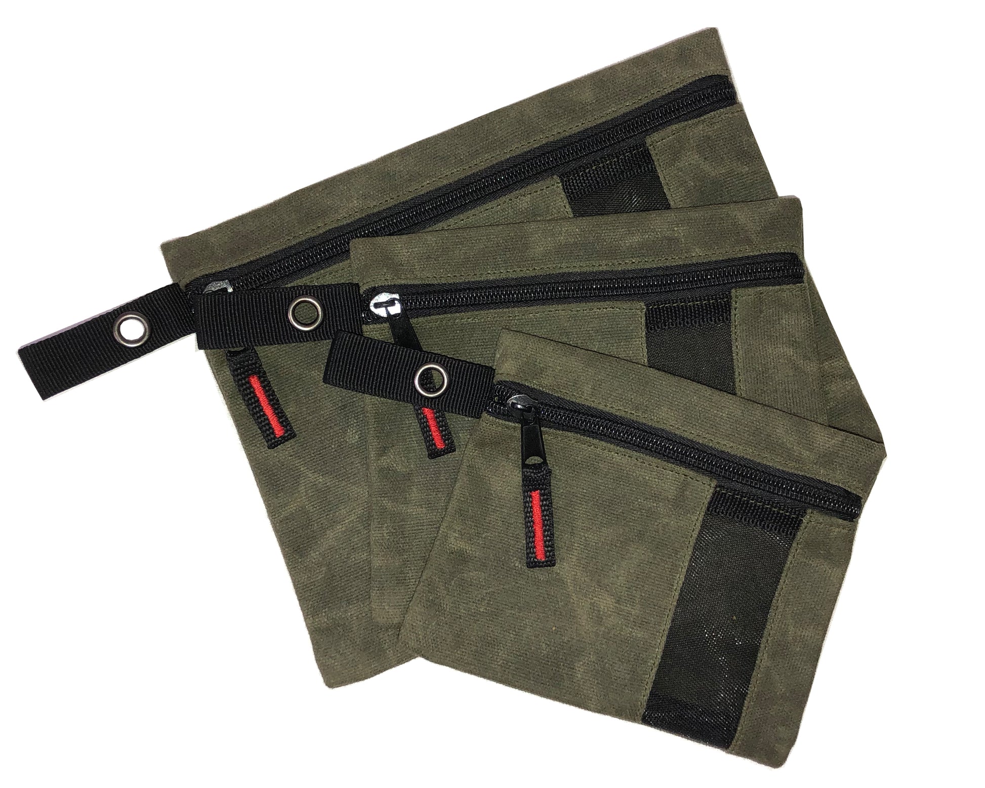 Set of green bags with black zippers on a white background
